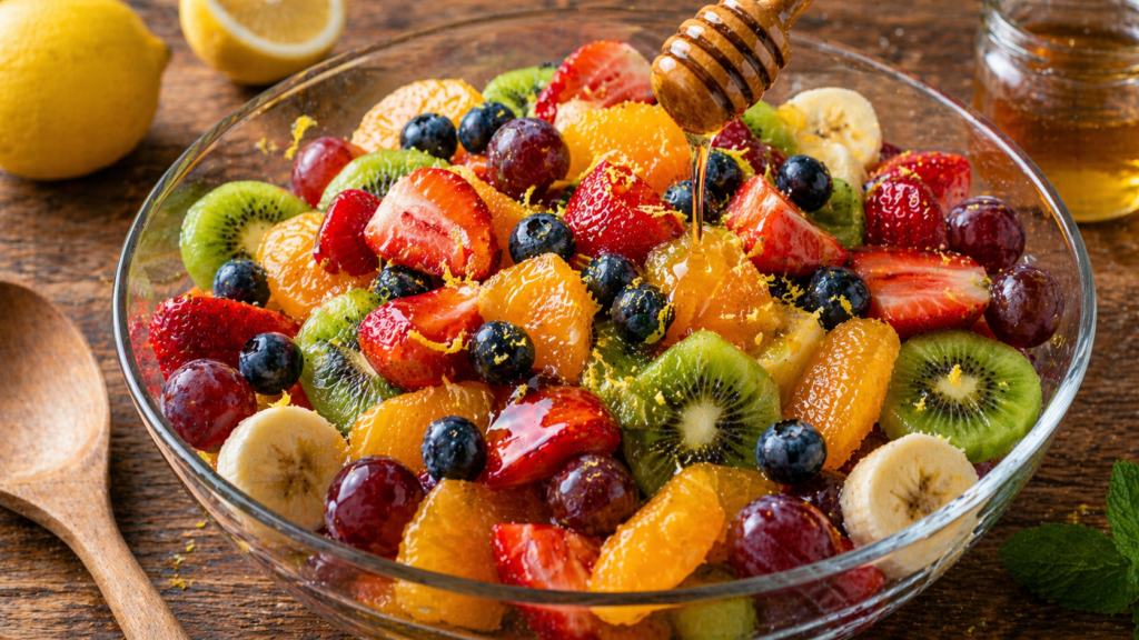 Verser le sirop au miel et citron sur la salade de fruits fraîche