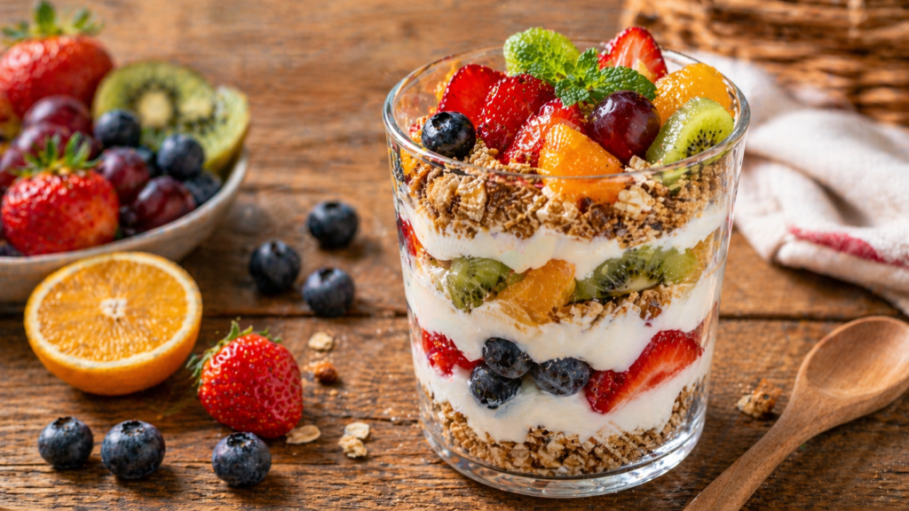 Parfait de salade de fruits en verrine avec yogourt grec et granola