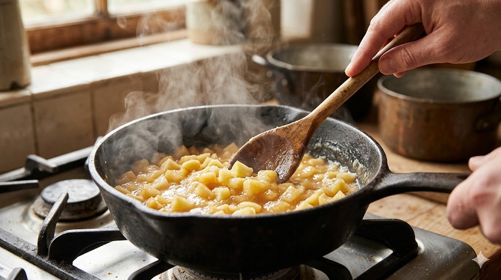 Morceaux de pommes en cuisson dans une casserole pour compote
