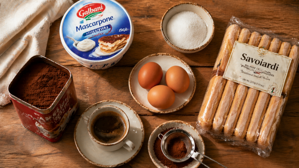 Ingrédients pour faire un tiramisu maison : mascarpone, oeufs, biscuits doigts de dame, café