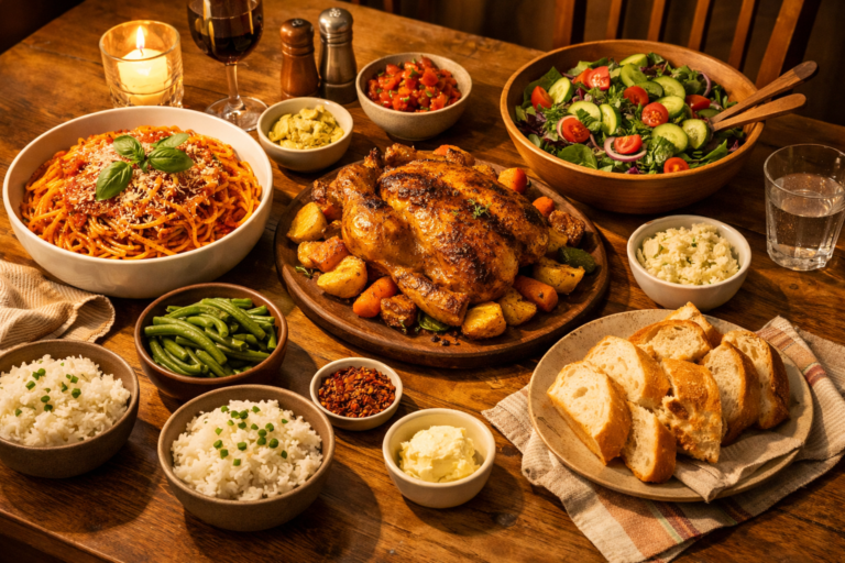 Table familiale avec plusieurs idées de souper facile prêts à servir dans une cuisine québécoise chaleureuse