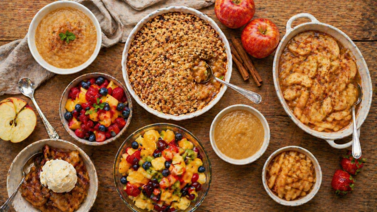 Assortiment de desserts aux fruits faciles : crumble aux pommes, salade de fruits et compote maison sur table en bois