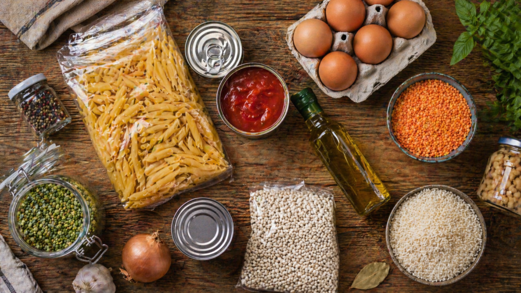 Essentiels du placard étudiant : pâtes, riz, conserves, œufs, lentilles