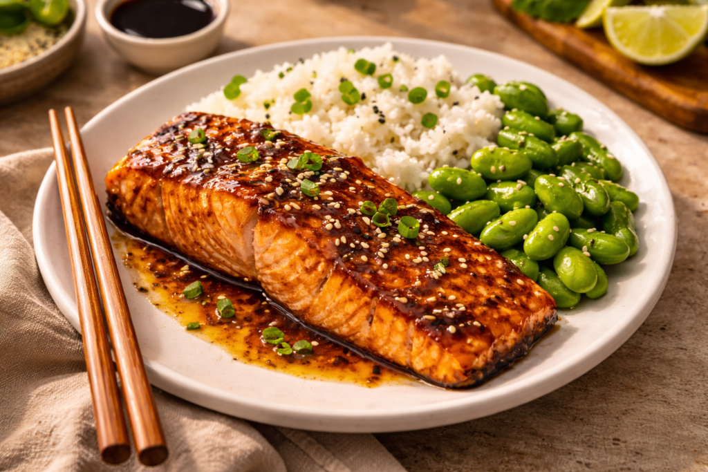 Filet de saumon glacé miel et soya cuit à la friteuse à air servi avec du riz