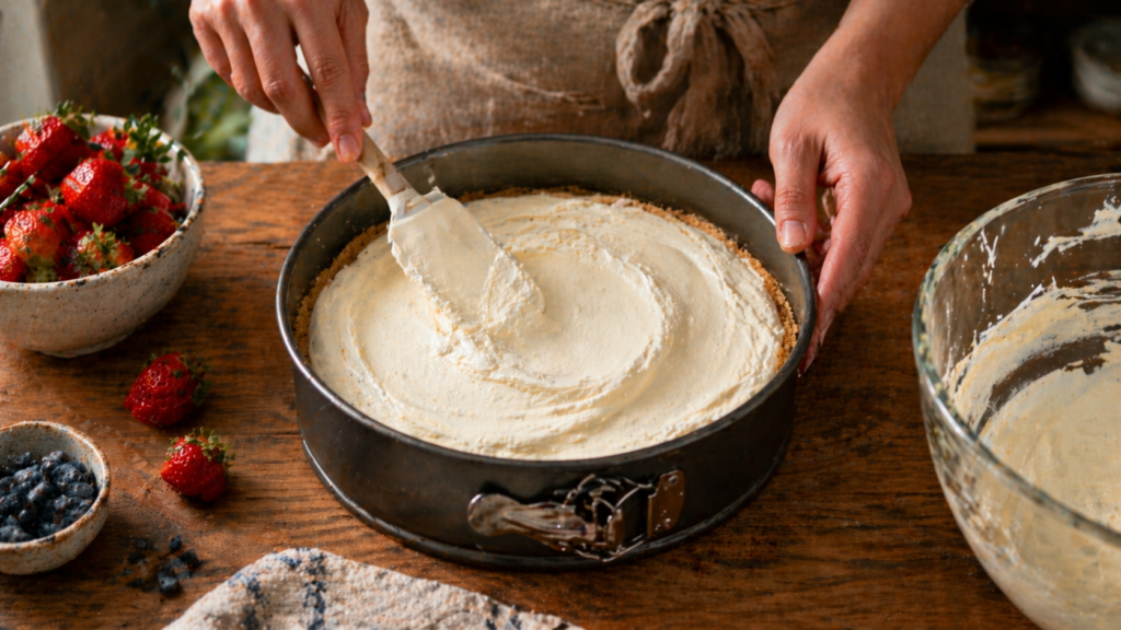 Étaler la garniture crémeuse de cheesecake dans le moule avec une spatule