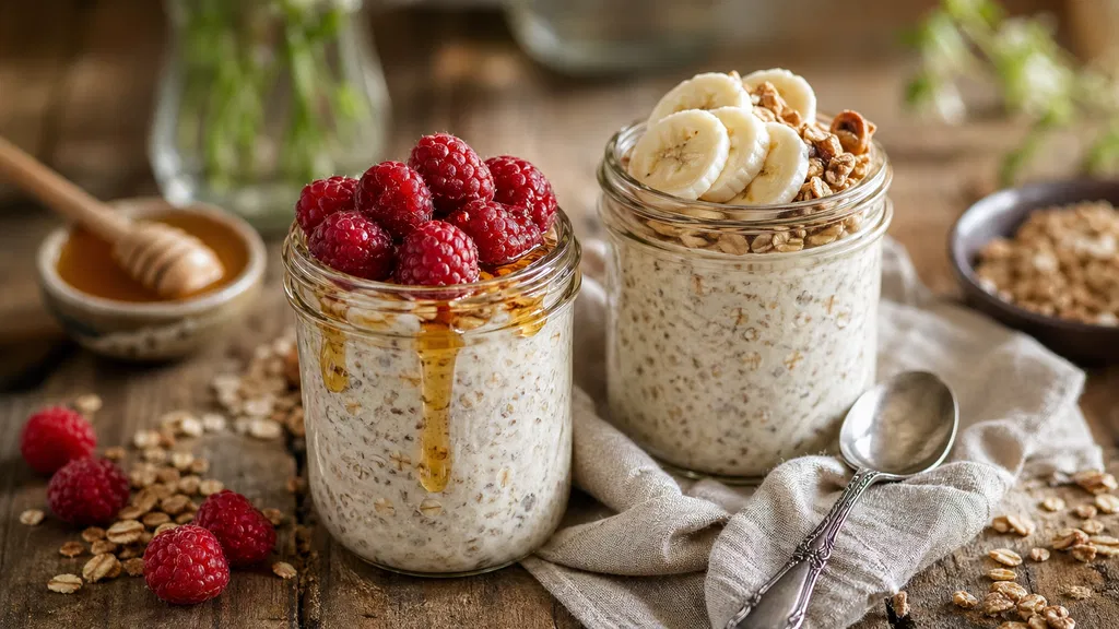 Pots Mason d'overnight oats avec framboises fraîches et miel, et banane avec granola