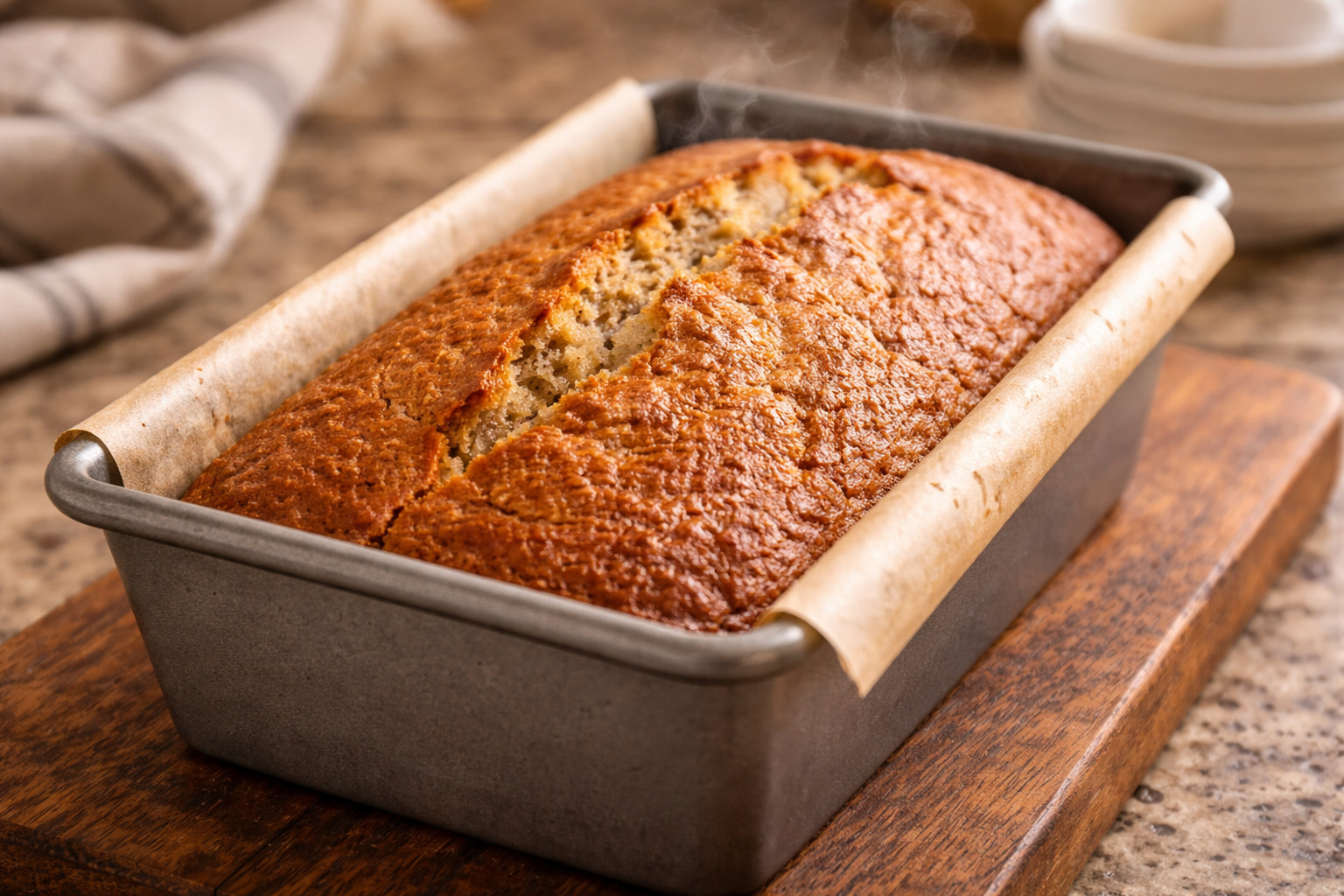 Banana bread moelleux doré avec le dessus craquelé sorti du four dans son moule à cake