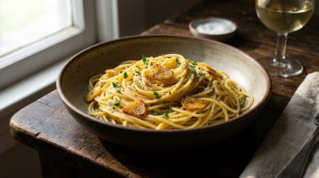 Pâtes aglio e olio dans un bol en céramique avec ail doré, huile d'olive et persil frais
