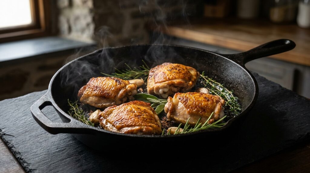 Hauts de cuisses de poulet parfaitement dorés dans une poêle en fonte avec peau croustillante et herbes