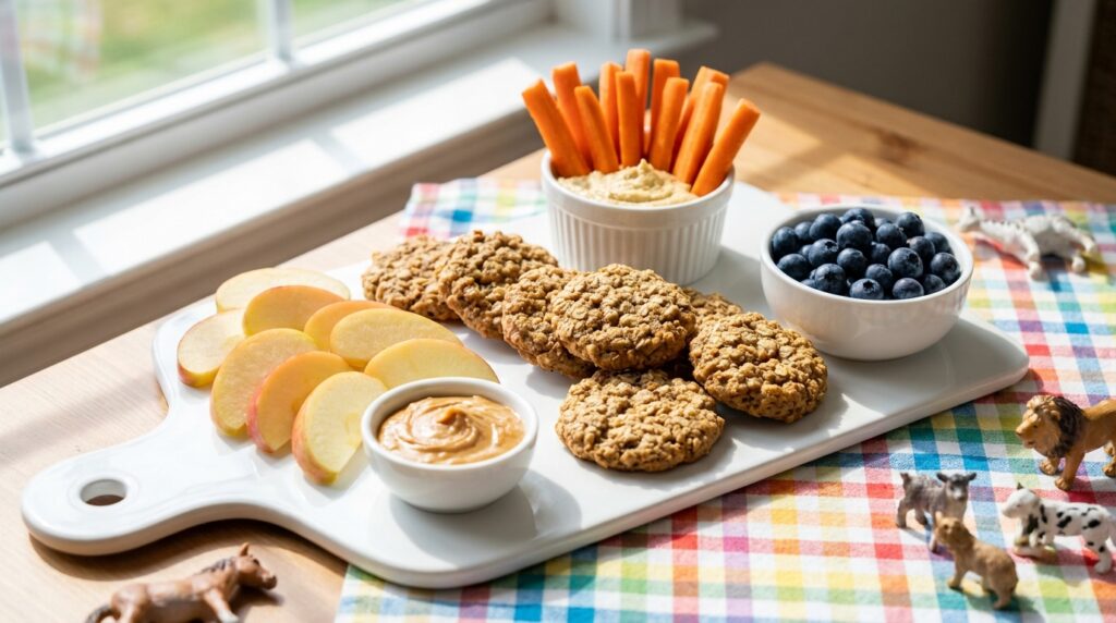 Plateau de collations pour enfants avec biscuits avoine banane, quartiers de pomme, carottes et houmous