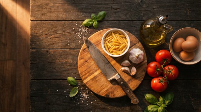 Essentiels cuisine débutant : couteau de chef, pâtes, ail frais, tomates, oeufs et huile d'olive sur planche en bois