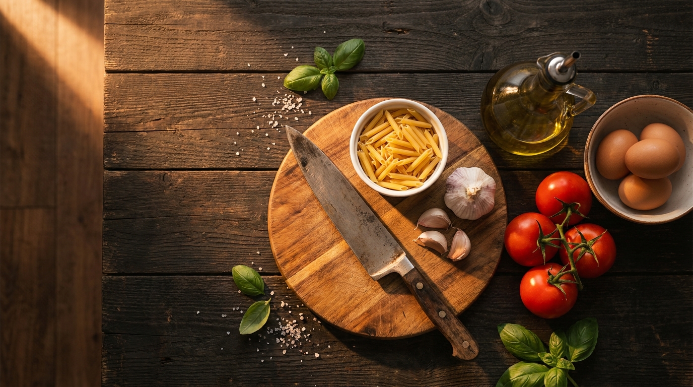 Essentiels cuisine débutant : couteau de chef, pâtes, ail frais, tomates, oeufs et huile d'olive sur planche en bois