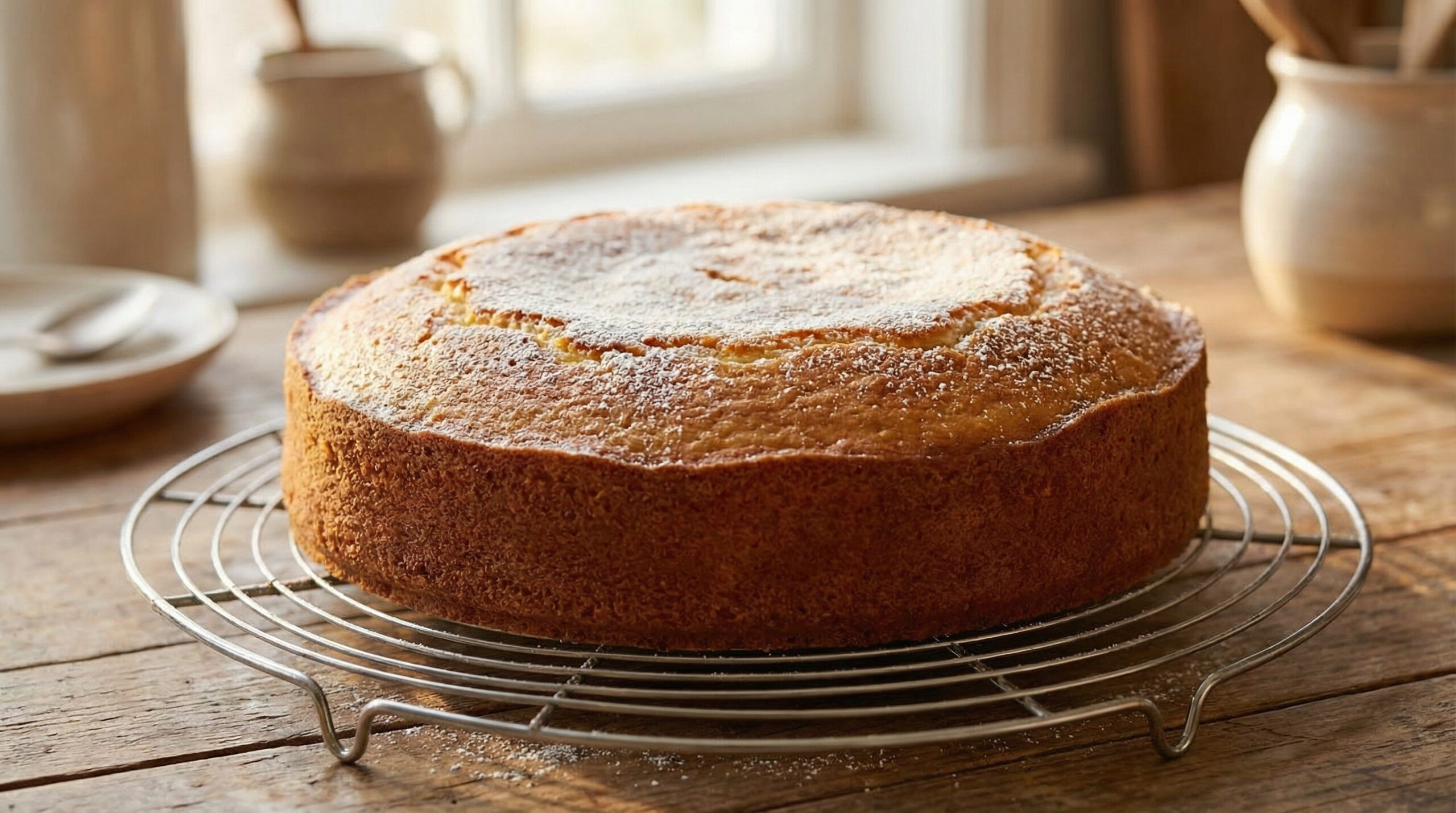 Gâteau au yaourt classique doré sur une grille de refroidissement, recette facile sans balance