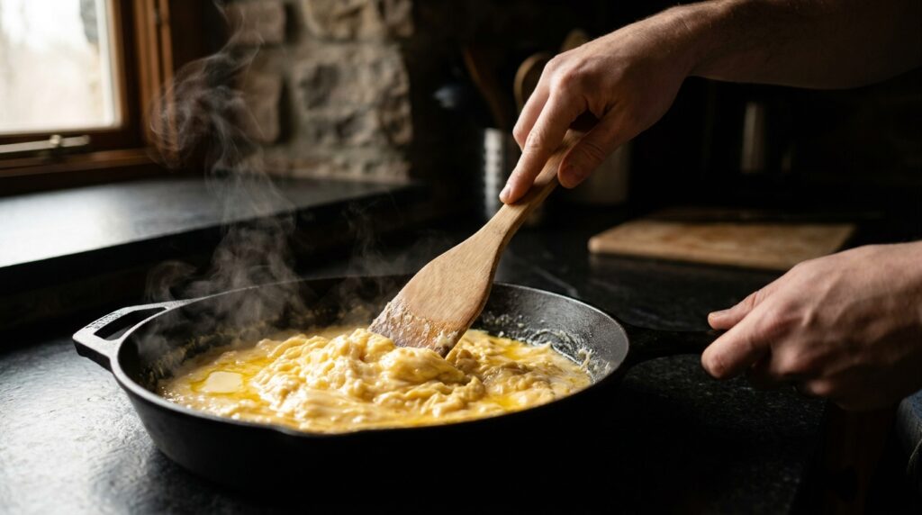 Oeufs brouillés crémeux en train de cuire à feu doux avec spatule en bois dans une poêle noire