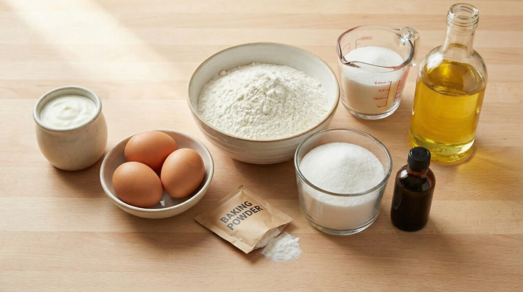 Ingrédients du gâteau au yaourt : yaourt, œufs, farine, sucre et huile disposés sur un comptoir