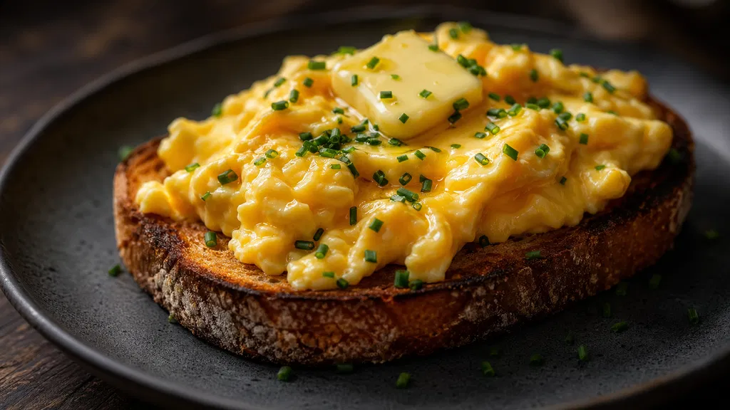 Oeufs brouillés crémeux sur pain sourdough toasté avec beurre fondu et ciboulette fraîche