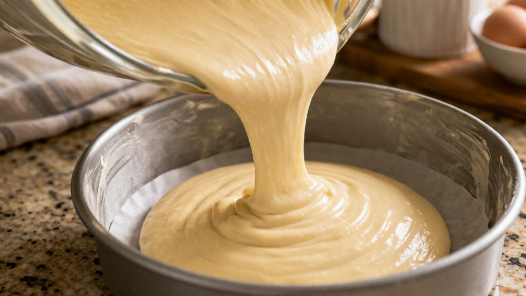 Pâte à gâteau au yaourt lisse versée dans un moule rond beurré avant cuisson