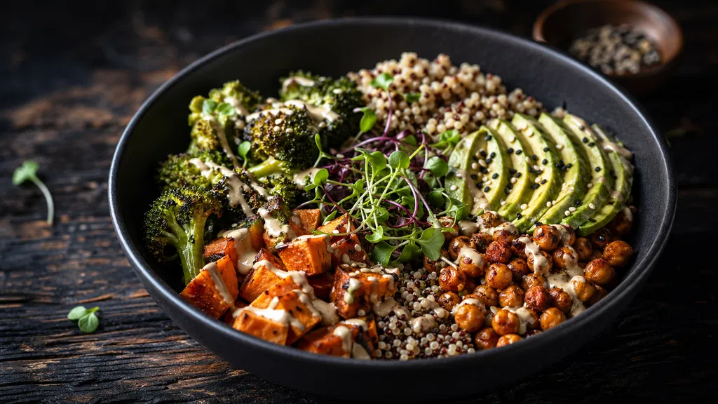 Bowl de quinoa généreux avec légumes rôtis, pois chiches croustillants, avocat et vinaigrette au tahini