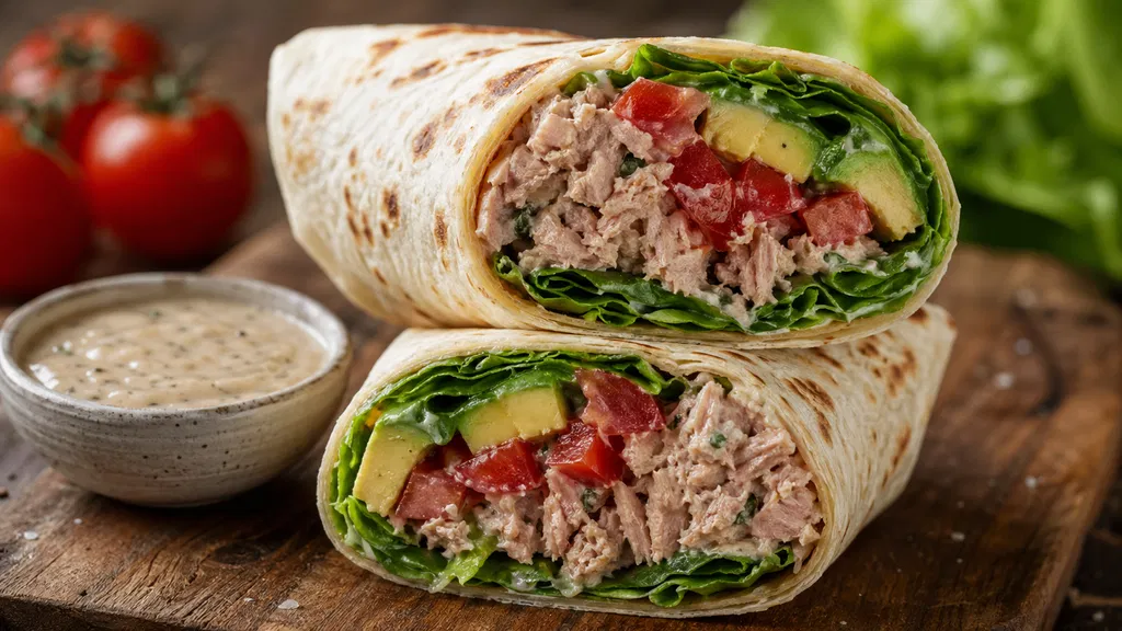 Wrap thon et avocat coupé en deux sur planche en bois montrant la garniture colorée