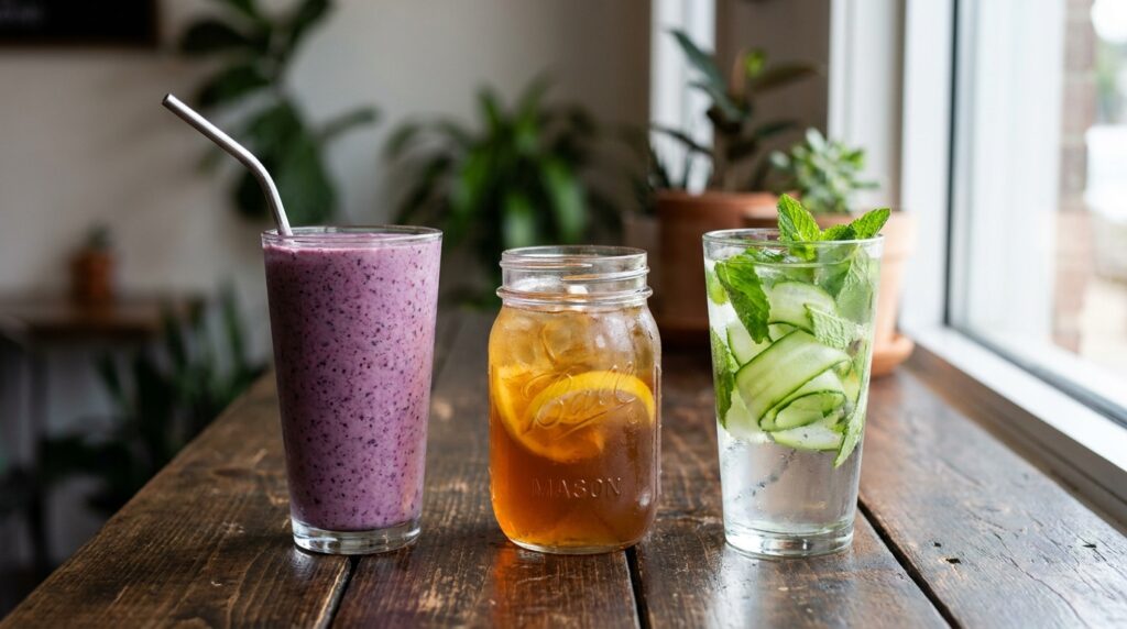 Trois boissons maison fraîches : smoothie bleuets banane, thé glacé citron et eau infusée concombre menthe