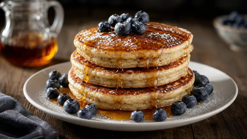 Pile de pancakes à la banane dorés avec sirop d'érable qui coule, bleuets frais et sucre en poudre