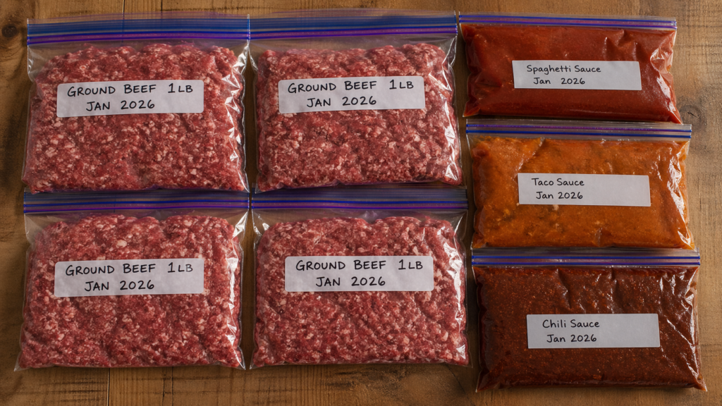 Portions de viande hachée et sauces aplaties dans des sacs de congélation étiquetés