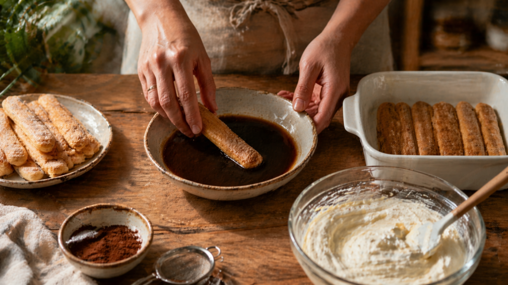 Trempage des biscuits doigts de dame dans le café pour le tiramisu