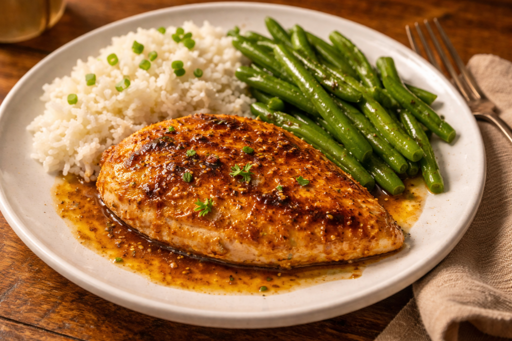 Poulet à la moutarde et miel doré servi avec du riz et des haricots verts pour un souper rapide
