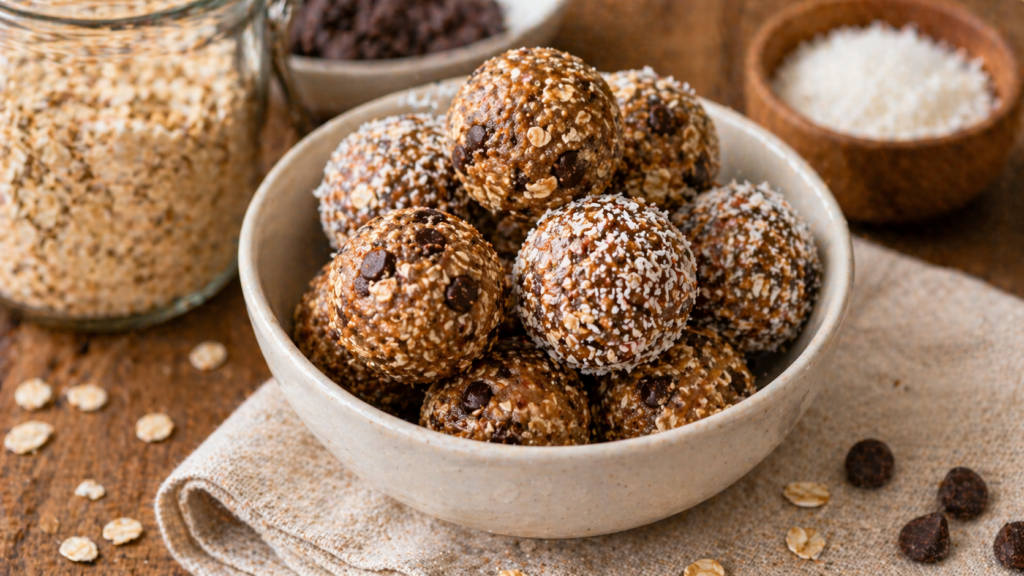 Boules d'énergie dans un bol blanc avec noix de coco et pépites de chocolat