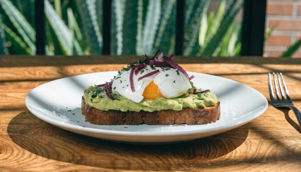 Toast à l'avocat avec oeuf poché sur assiette blanche, déjeuner 5 ingrédients
