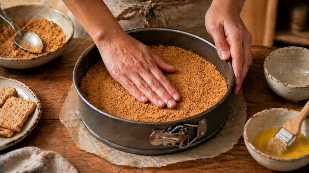 Presser la chapelure de biscuits Graham dans un moule pour la base du cheesecake