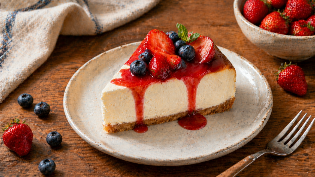 Tranche de cheesecake sans cuisson avec coulis de fraises et fruits frais