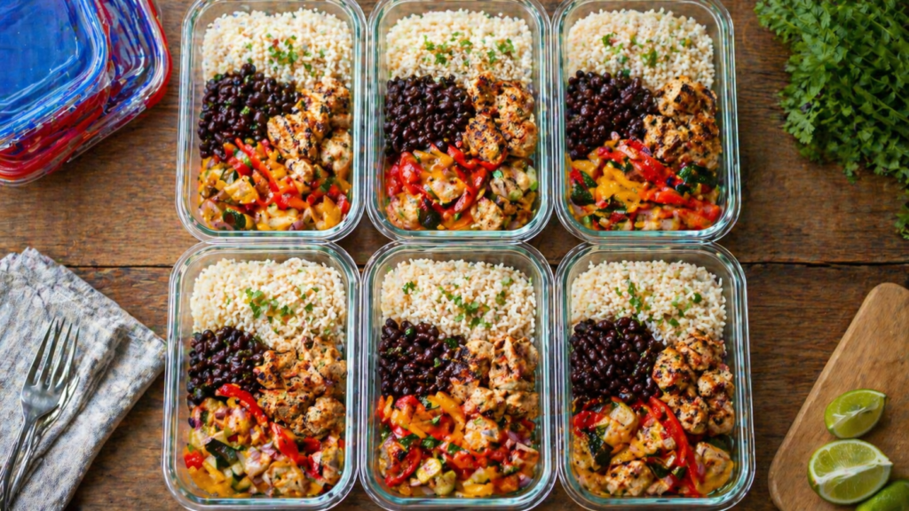 Batch cooking étudiant : contenants de riz, haricots et légumes pour la semaine