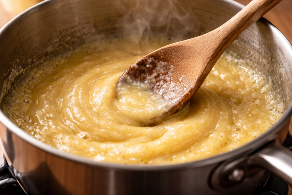 Roux beurre et farine dans une casserole, première étape de la béchamel