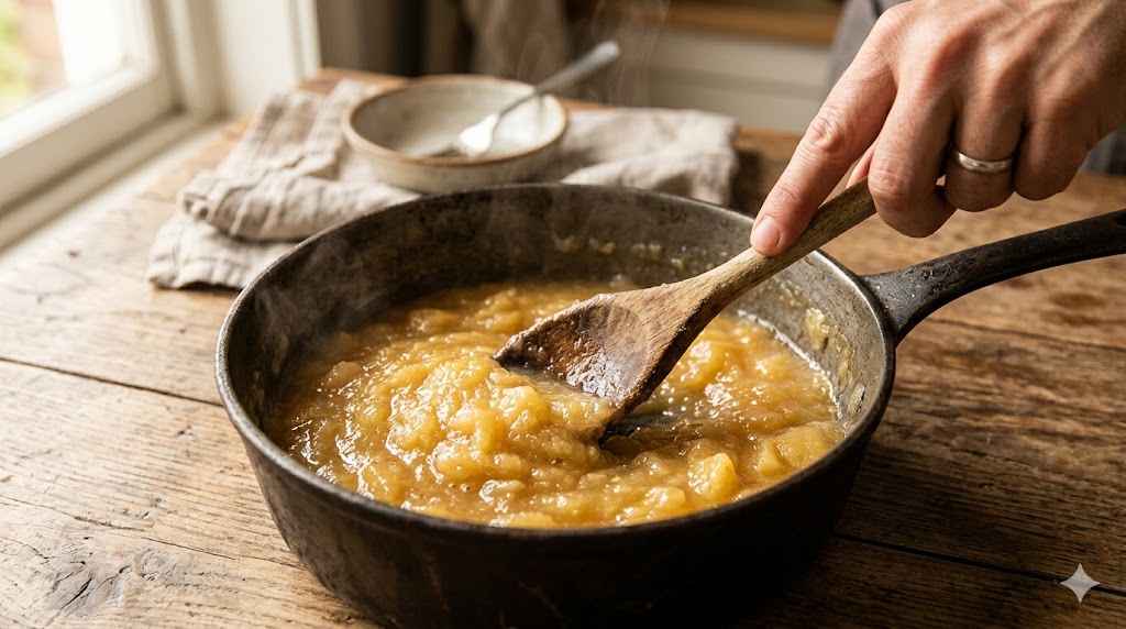 Compote de pommes maison écrasée à la cuillère en bois