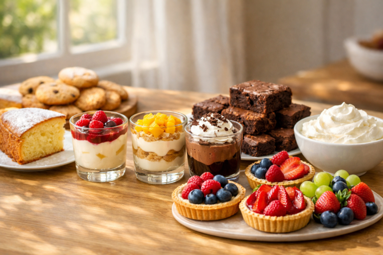 Buffet de desserts maison faciles avec gâteau moelleux, verrines crémeuses, brownies, biscuits et mini tartes aux fruits sur une table en bois, éclairage naturel du matin