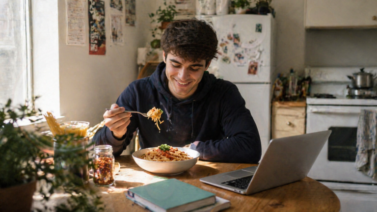 Étudiant qui cuisine un repas simple et économique dans une petite cuisine universitaire
