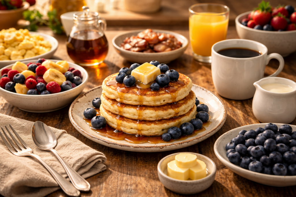 Table de brunch avec crêpes moelleuses, fruits frais et café