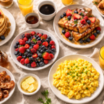 Table de brunch garnie de crêpes, pain doré, œufs brouillés et fruits frais vue de haut