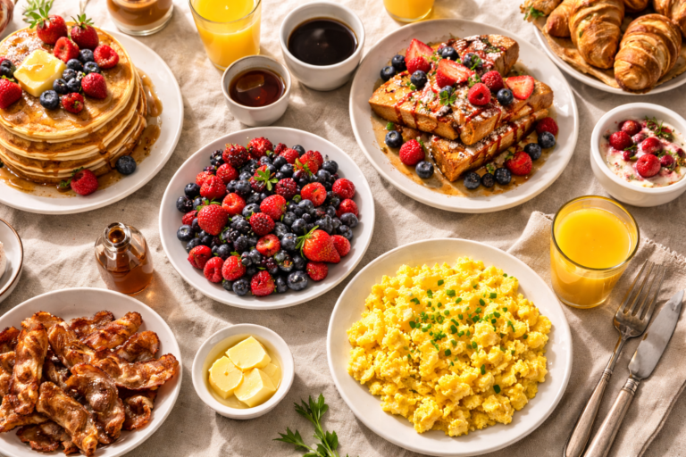 Table de brunch garnie de crêpes, pain doré, œufs brouillés et fruits frais vue de haut