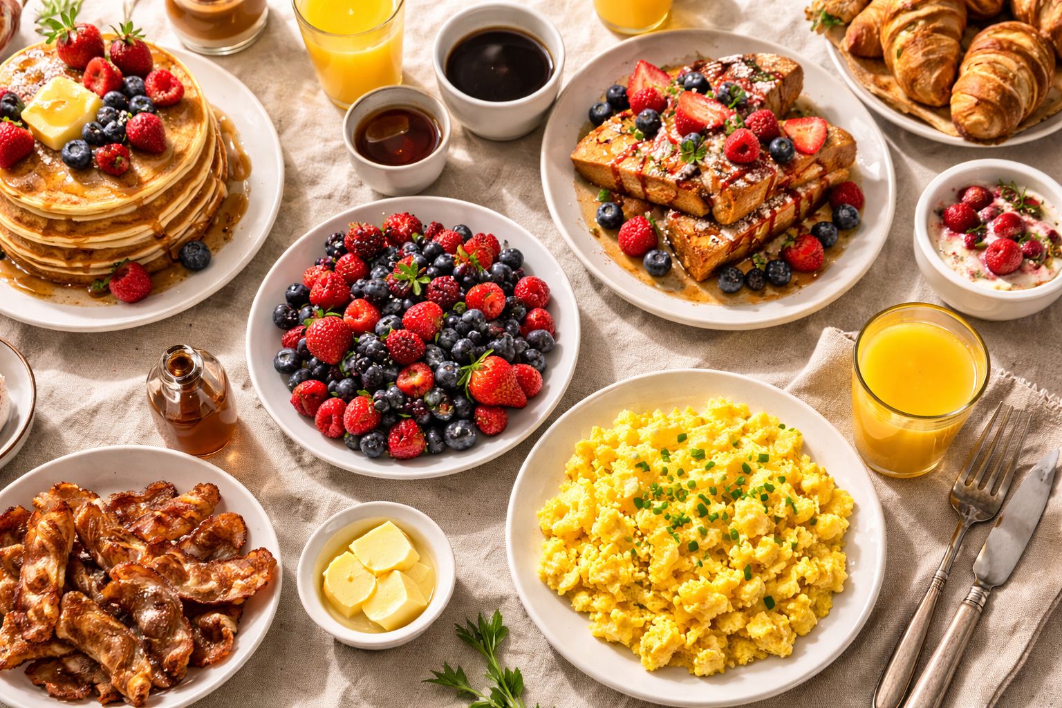 Table de brunch garnie de crêpes, pain doré, œufs brouillés et fruits frais vue de haut