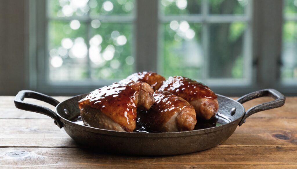 Hauts de cuisses de poulet glacés sauce soja-miel caramélisée dans une poêle