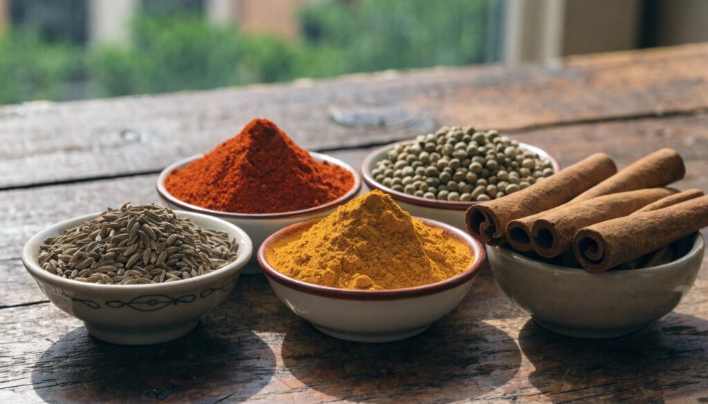 Assortiment d'épices du monde dans des petits bols : cumin, paprika, curcuma, coriandre et cannelle