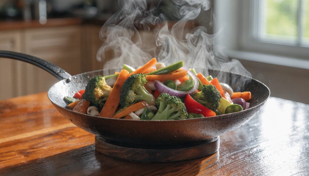 Poêlée de légumes sautés à l'asiatique avec sauce soja et miel dans un wok