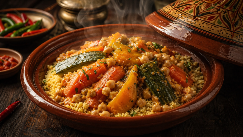 Couscous marocain aux légumes et pois chiches dans un plat traditionnel avec vapeur