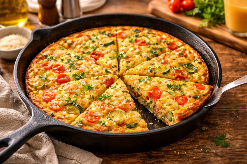 Frittata aux légumes dorée dans une poêle en fonte coupée en pointes pour le brunch