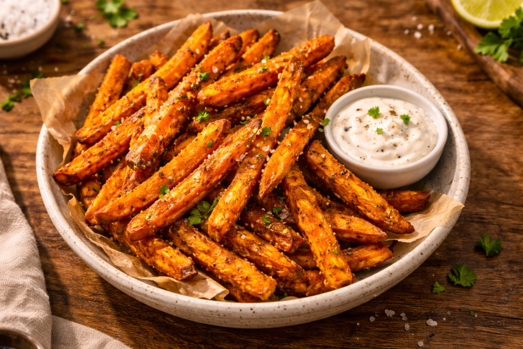 Frites de patates douces croustillantes cuites à la friteuse à air dans un bol rustique