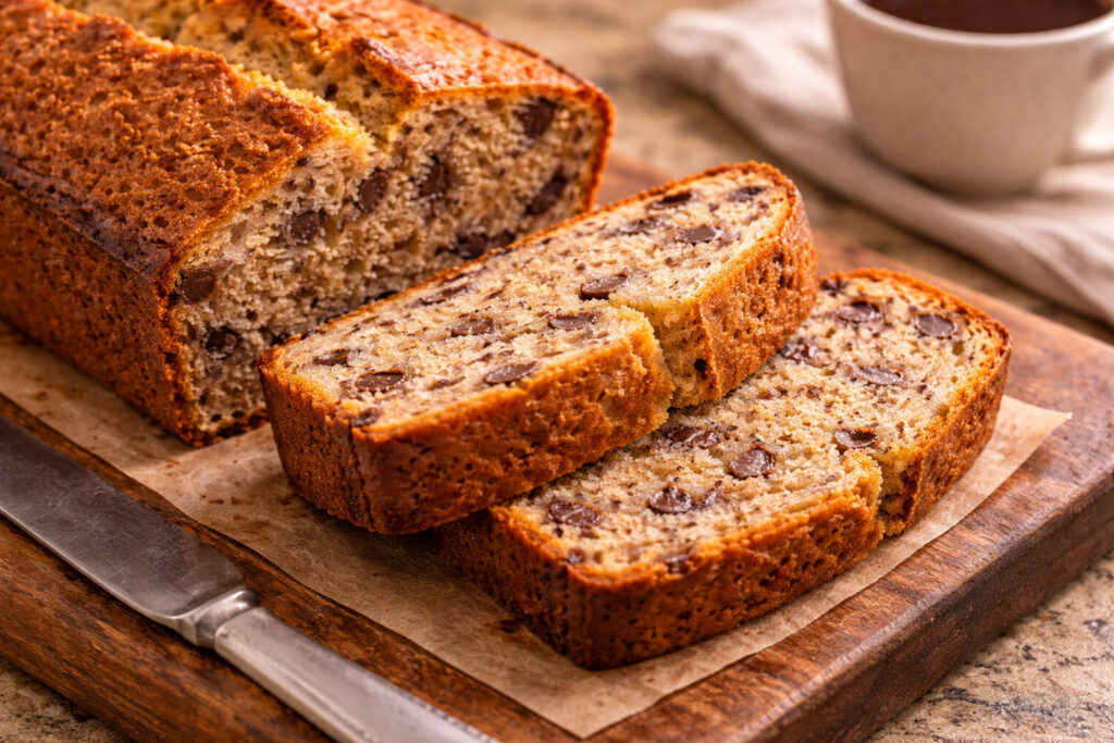 Tranches de banana bread moelleux sur une planche en bois montrant la mie fondante avec pépites de chocolat