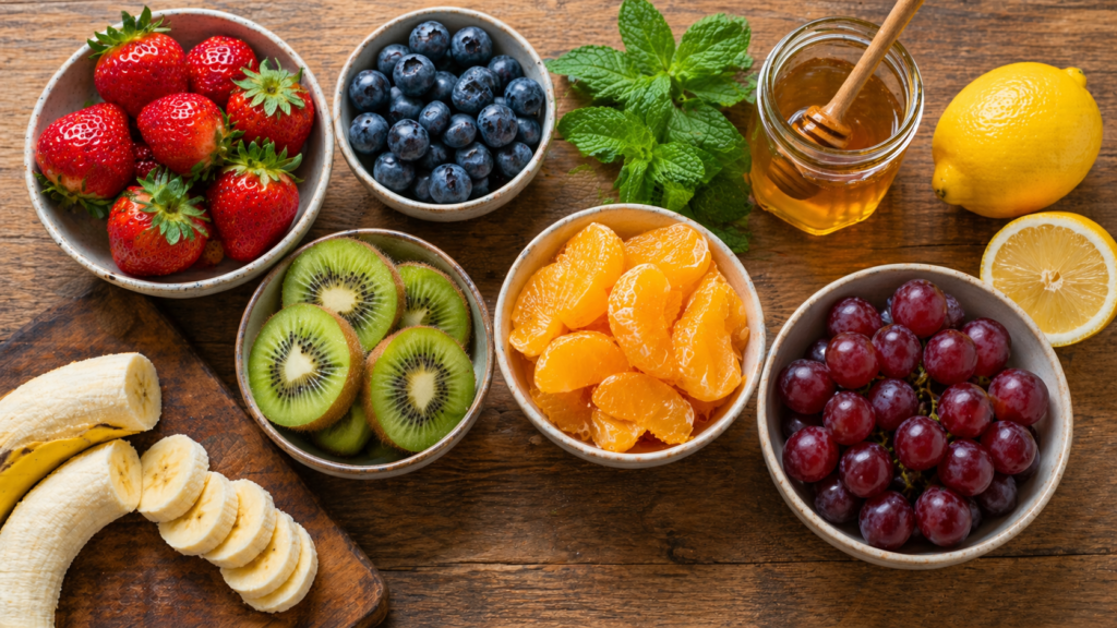 Ingrédients pour salade de fruits : fraises, bleuets, kiwi, oranges, raisins, miel, citron
