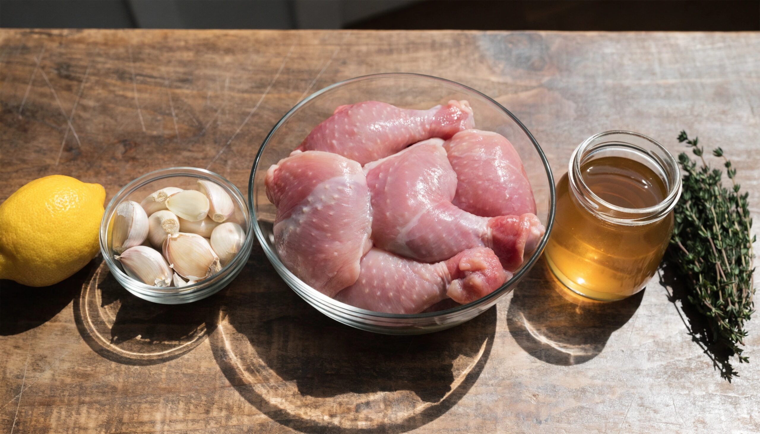 Cinq ingrédients pour faire un souper complet : hauts de cuisses de poulet, citron, ail, thym et bouillon